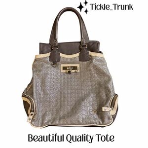 Large MJ Leather and Metallic Canvas Monogram Tote